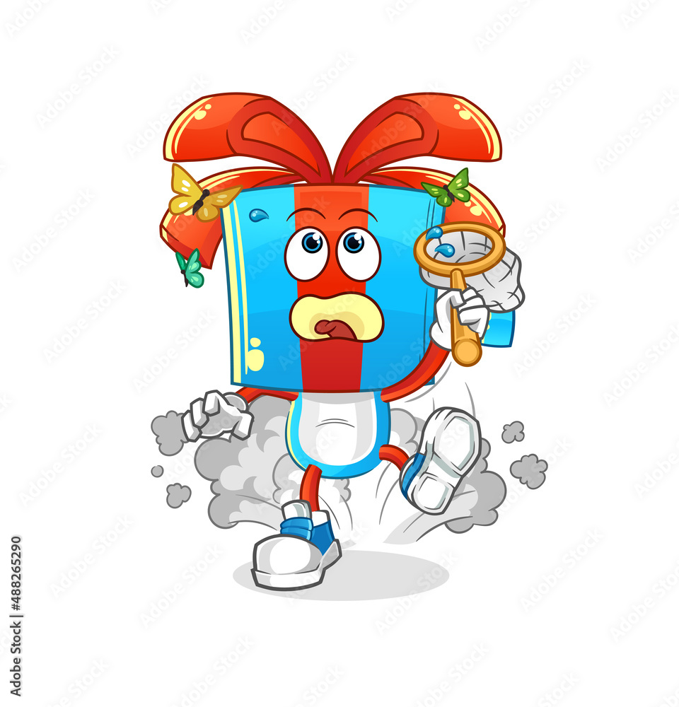 Obraz premium gift head cartoon catch butterfly illustration. character vector