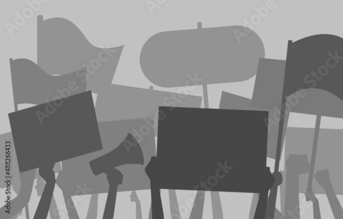 Silhouette protesters hand holding loudspeaker, banner and flag. Illustration strike political protest. Vector illustration Eps10.