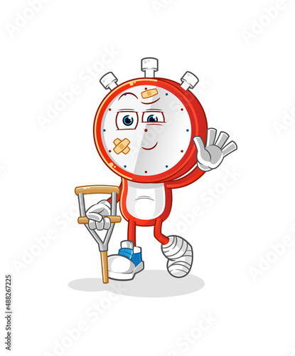 alarm clock head cartoon sick with limping stick. cartoon vector