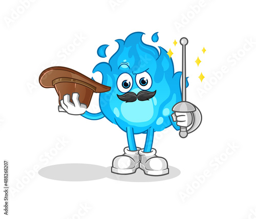 blue fire fencer character. cartoon mascot vector