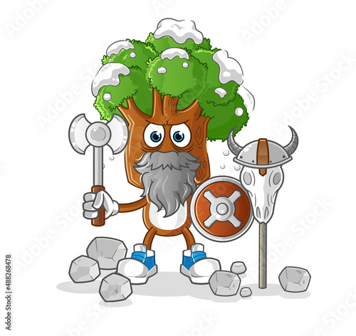 tree head cartoon viking with an ax illustration. character vector