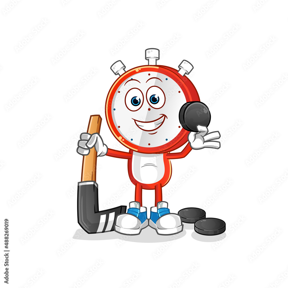 alarm clock head cartoon playing hockey vector. cartoon character alarm clock head cartoon playing hockey vector. cartoon character