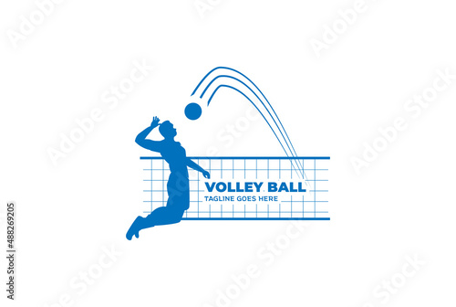 Man Silhouette Jumping Spike Smash with Ball for Volley Sport Club Logo Design Vector