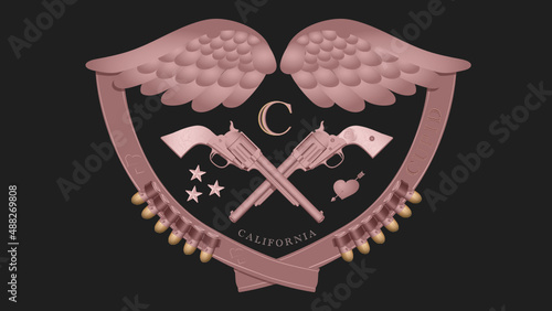 Cupid logo reimagines Cupid as a west coast outlaw with six guns and crossed bandoliers w/ bullets.  Bandoliers and Cupid wings form a heart shape to frame the composition.  C is for Cupid  photo