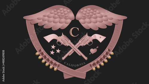 Cupid logo reimagines Cupid as a west coast outlaw with six guns and crossed bandoliers w/ bullets.  Bandoliers and Cupid wings form a heart shape to frame the composition.  C is for Cupid 