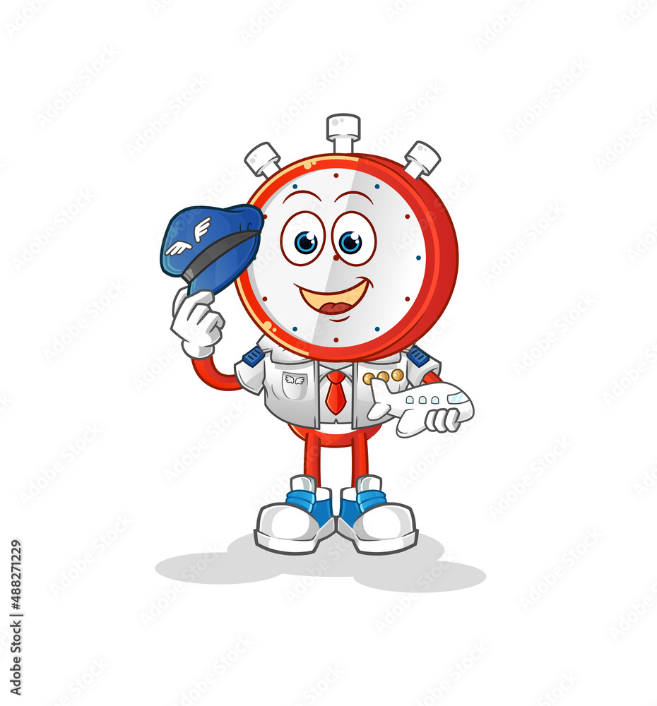 alarm clock head cartoon pilot mascot. cartoon vector