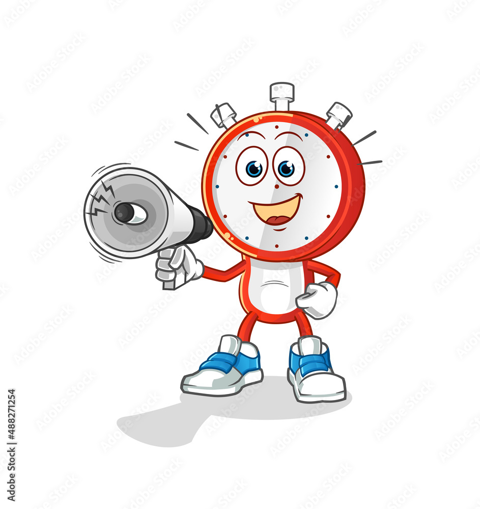 alarm clock head cartoon holding hand loudspeakers vector. cartoon character alarm clock head cartoon holding hand loudspeakers vector. cartoon character