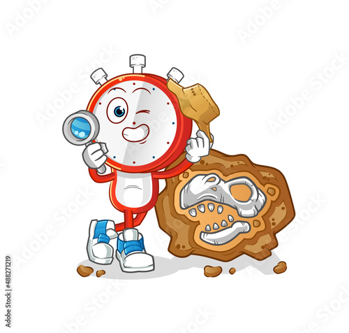 alarm clock head cartoon archaeologists with fossils mascot. cartoon vector
