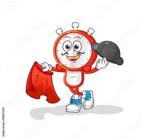 alarm clock head cartoon matador with red cloth illustration. character vector