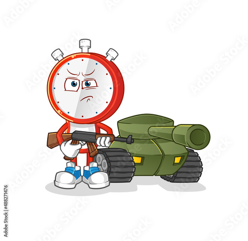 alarm clock head cartoon soldier with tank character. cartoon vector