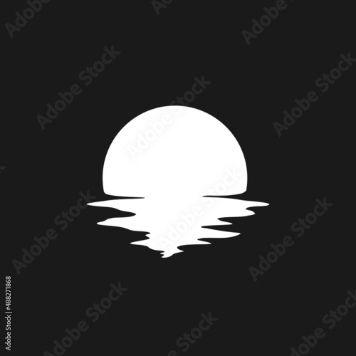 Retrowave sun, sunset or sunrise 1980s style with ripples reflected in the water. Black and white sun with liquid distorted reflection. Design element for retrowave style projects. Vector