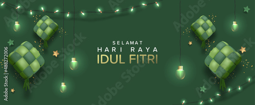 Eid Mubarak Template with 3D Realistic Ketupat Vector Illustartion, Eid Al Fitr with Islamic Ornament
