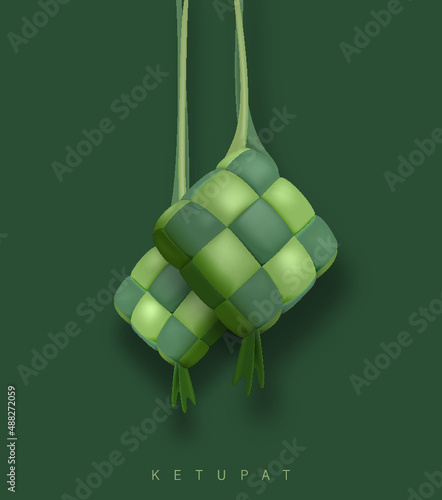 Eid Mubarak Template with 3D Realistic Ketupat Vector Illustartion, Eid Al Fitr with Islamic Ornament