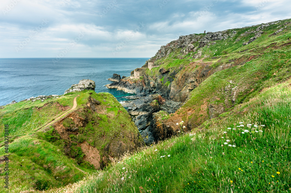 Crown tin mines of Botallack,perched delicately below cliffs in West Penwith.Cornwall,United Kingdom.