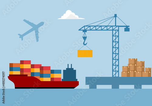 Export goods and service tax import international trade concept vector illustration. Cargo logistic being loaded container ship with working crane in flat design.