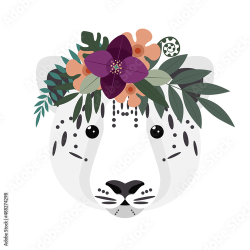 Snow leopard with flower crown. Snow leopard character, flower crown stickers.