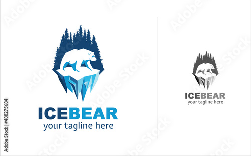 Polar Bear Logo design template suitable for Nature, Park, and adventure logo with blue tones. Polar bear walking on a glacier in the background of the pines forest.