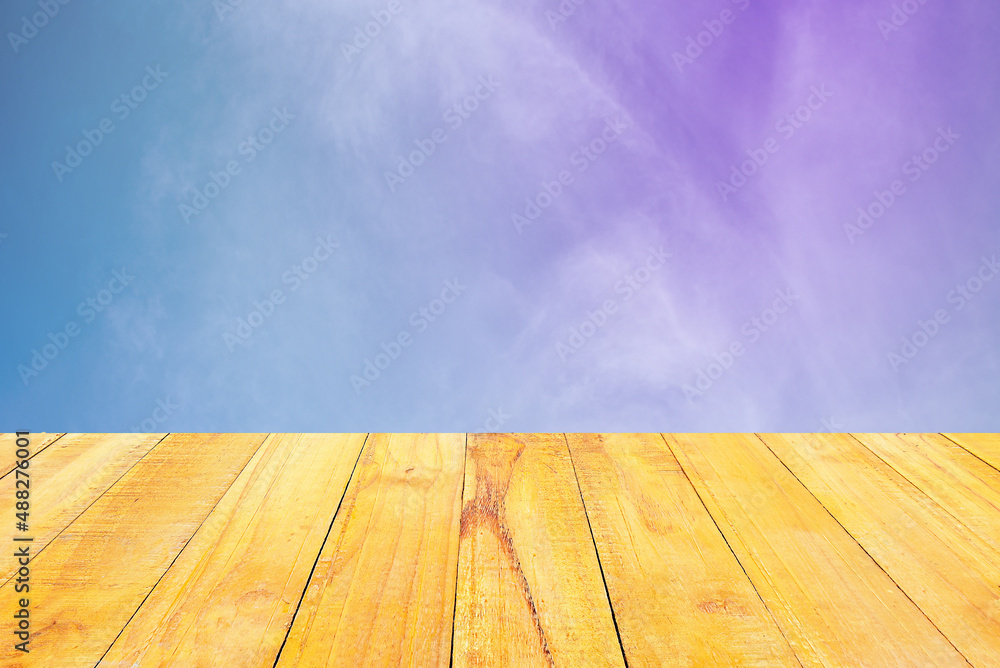 Sky and cloud with pastel colorful background . wood background.
