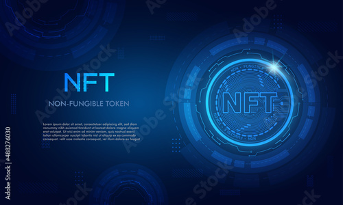 Non-fungible token (NFT) coin.Bluie abstract technology background.