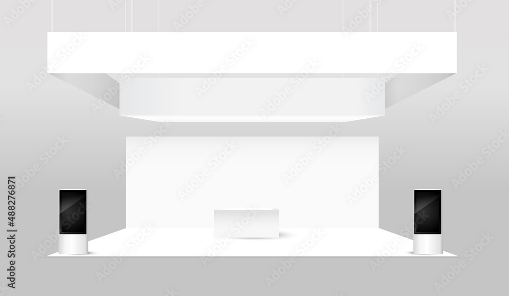 Exhibition stand trade show corporate identity booth mock up template. Empty retail booth design in hall for marketing and event concept
