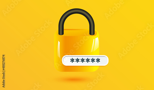 Password protected icon on yellow backround. Security sign or symbol design for mobile applications and website concept 3d vector illustration
