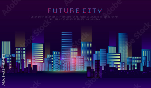 Futuristic night city with bright and glowing neon lights illuminated. Cyberpunk style cityscape pillustration.