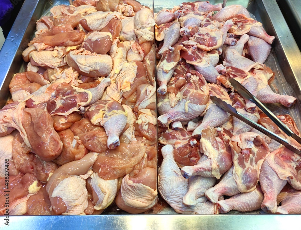 Picture of chicken and pork in a supermarket