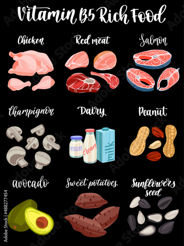 Set of products containing a great amount of Vitamin B5. Pantothenic acid rich food.