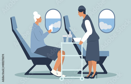 vector hand drawn illustration in flat style on the theme of flights and services on board the aircraft. the passenger is seated. flight attendant pushing a cart full of drinks