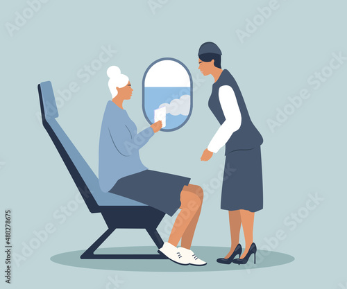vector hand drawn illustration in flat style on the theme of flights and services on board the aircraft. flight attendant talking to a woman in the cabin