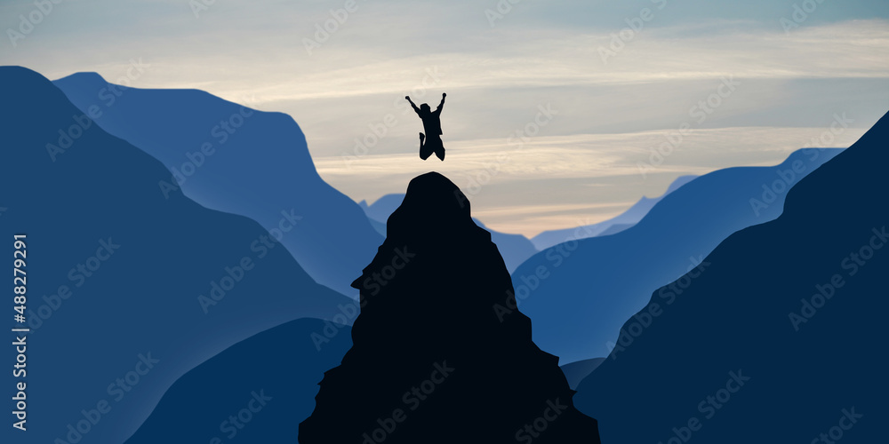 Man Jumps on The Peak of Mountain. Business Challenge and Success Motivational concept  