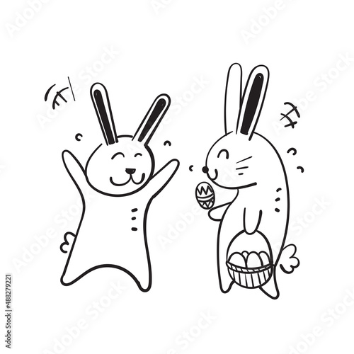 hand drawn doodle bunny rabbit and easter egg illustration vector isolated