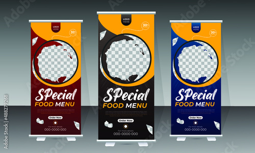 Food roll-up banner design and delicious food menu template for restaurant.
Modern food roll-up banner template, Restaurant roll-up banner, and brochure design.
Vertical, stand, flag layout