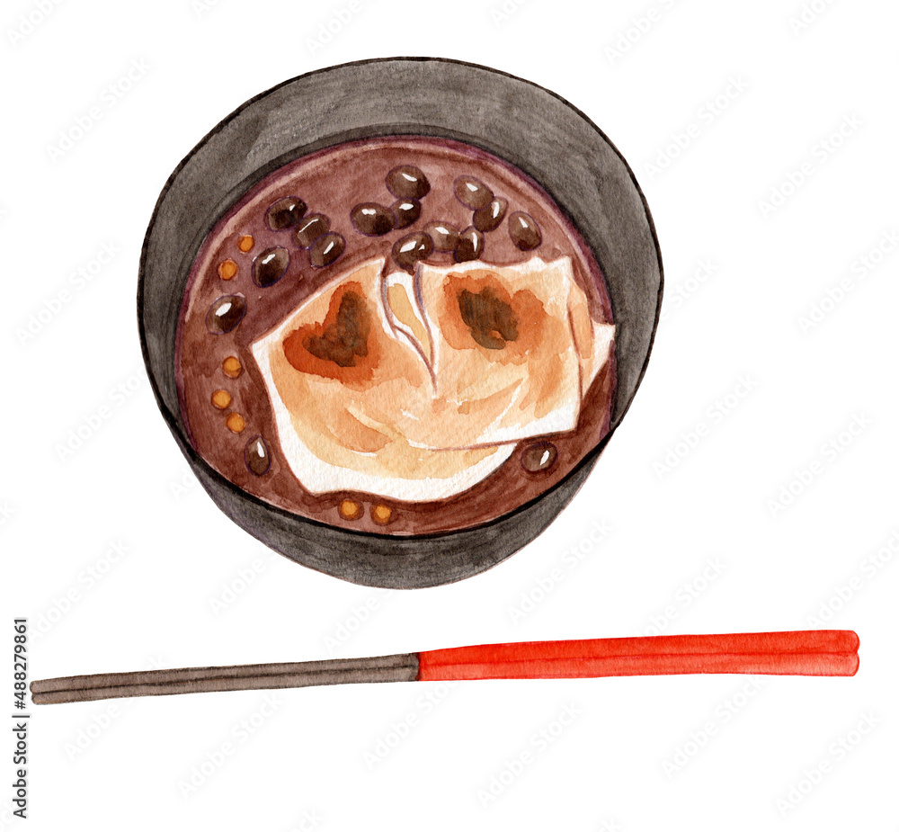 焼き餅の入ったぜんざいとお箸の水彩イラスト Stock Illustration Adobe Stock