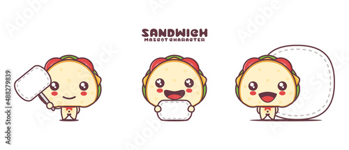 cute sandwich cartoon mascot, with blank board banner