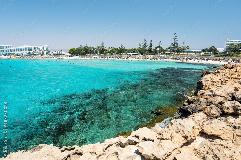 Beach in Ayia Napa, Cyprus island, Mediterranean Sea. Amazing blue green sea and sunny day.