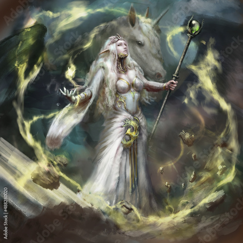 A light elf in a white robe with gold accents and with a staff in her hands uses magic, behind her is a unicorn. digital drawing style, 2D illustration