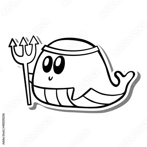 Cute cartoon Whale Warrior holding a trident and wearing a tiara Monochrome. Doodle on white silhouette and gray shadow. Vector illustration about aquatic animals for any design. photo