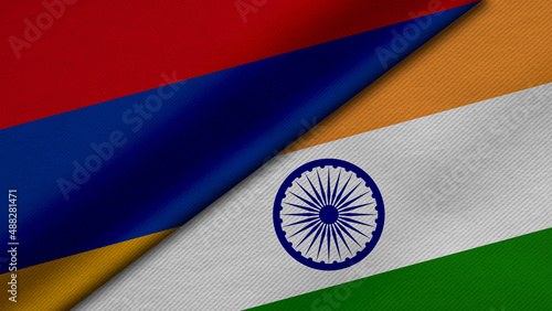3D Rendering of two flags from Republic of Armenia and India together with fabric texture, bilateral relations, peace and conflict between countries, great for background