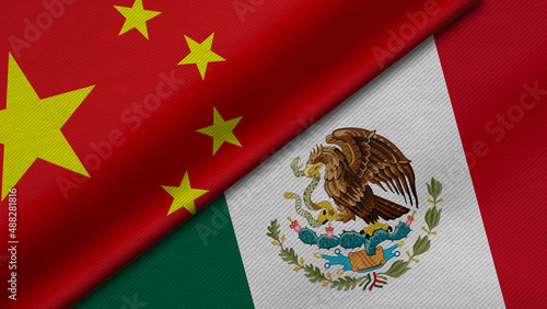 3D Rendering of two flags from china and United Mexican States together with fabric texture, bilateral relations, peace and conflict between countries, great for background