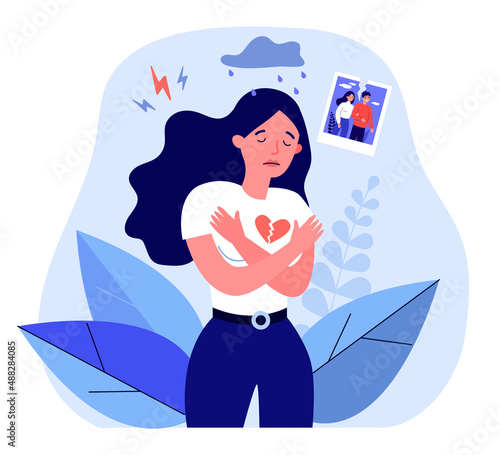 Sad cartoon girl with broken heart. Torn photo, thunder and lightning as symbols for sadness flat vector illustration. Relationship, separation, conflict concept for banner or landing web page