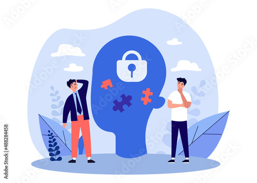 Confused tiny men and big human head with puzzle pieces and lock. Office workers solving problem flat vector illustration. Solution, psychology, strategy concept for banner or landing web page