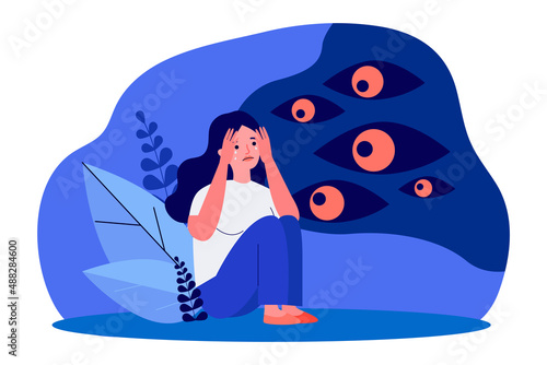 Spooky eyes looking at crying girl in darkness. Frightened woman scared of dark at night flat vector illustration. Fear, phobia, horror concept for banner, website design or landing web page