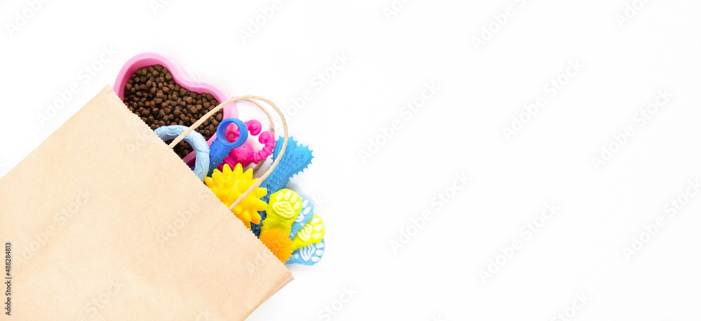 Tasty pet food and accessories on white background copys space delivery