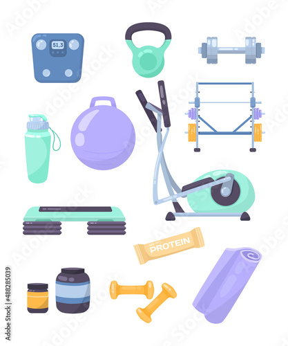 Equipment for gym workout cartoon illustration set. Aerobic ball, dumbbells, kettlebell, tap dance, mat, fitness elastic band, bottle of water, training apparatus for exercising. Sport concept