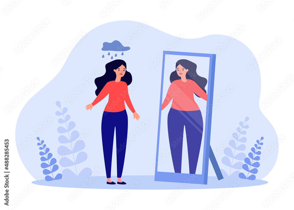 Sad slim woman seeing overweight girl in mirror. Insecure female character fat in reflection flat vector illustration. Diet, eating disorder, health, beauty concept for banner or landing web page