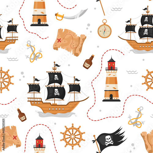 Seamless pattern with pirate ship, flag and map. Childish vector illustration in flat cartoon style. Hand drawn fabric design or package paper. © KeronnArt