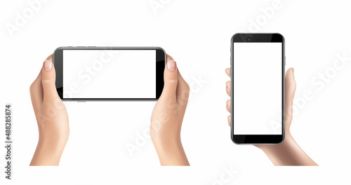 3d realistic vector icon.  Isolated on white background. UI UX template. Hand holding phone.