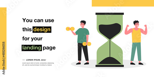 Cartoon man gaining muscles after working out. Male character lifting dumbbells flat vector illustration. Sports, fitness, motivation concept for banner, website design or landing web page