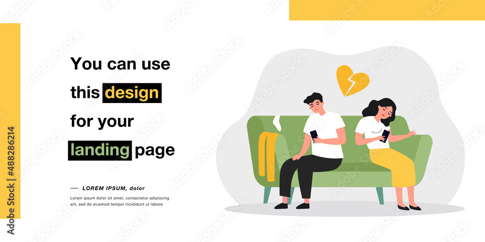 Bored couple sitting on sofa while looking at their phones. Husband and wife tired of each other flat vector illustration. Relationship, breakup concept for banner, website design or landing web page Bored couple sitting on sofa while looking at their phones. Husband and wife tired of each other flat vector illustration. Relationship, breakup concept for banner, website design or landing web page